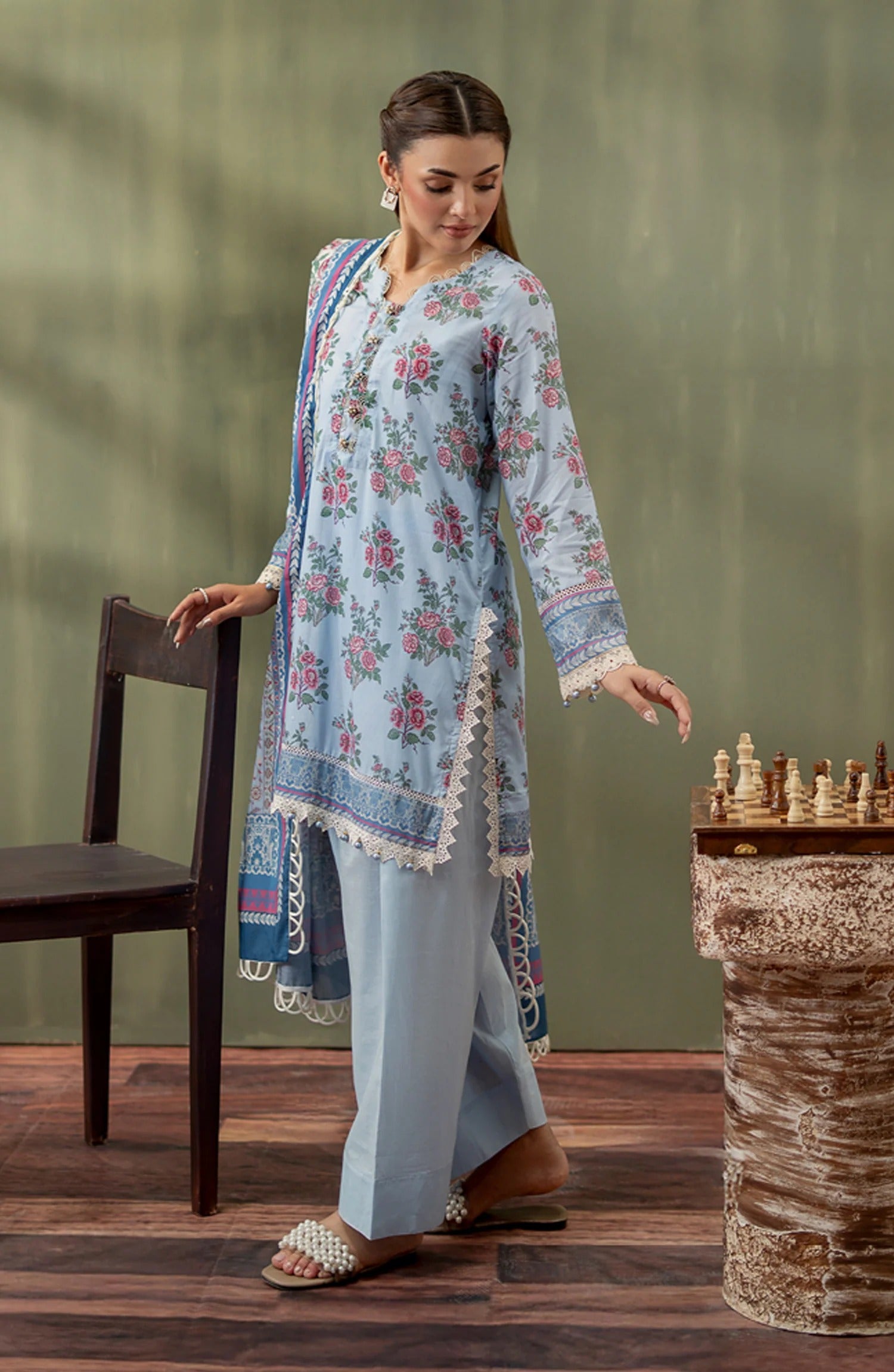 Mausummery Digital Printed Lawn Unstitched 3-Piece Suit in the refreshing "10 Wisteria" (Sky Blue) edition.