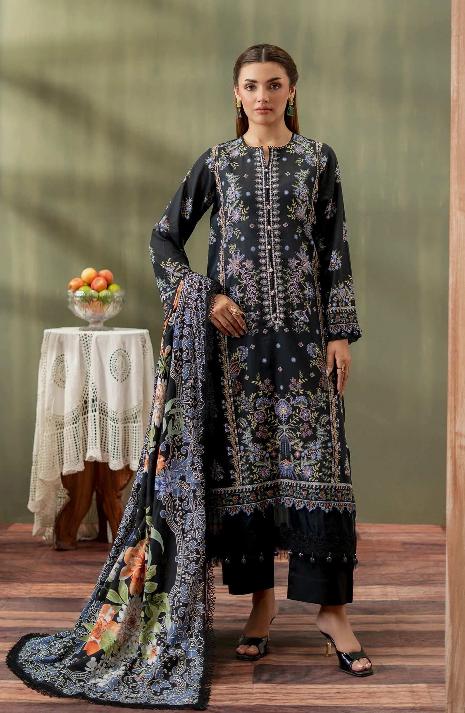 Mausummery Digital Printed Lawn Unstitched 3 Piece Suit - 08 Gul e nargis - MU25SPN - Black - Spring Summer Collection
