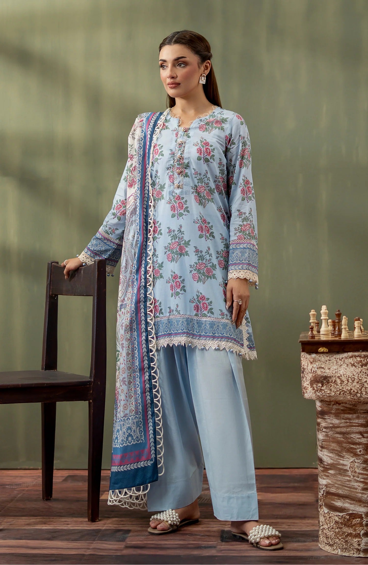 Mausummery Digital Printed Lawn Unstitched 3-Piece Suit in the refreshing "10 Wisteria" (Sky Blue) edition.