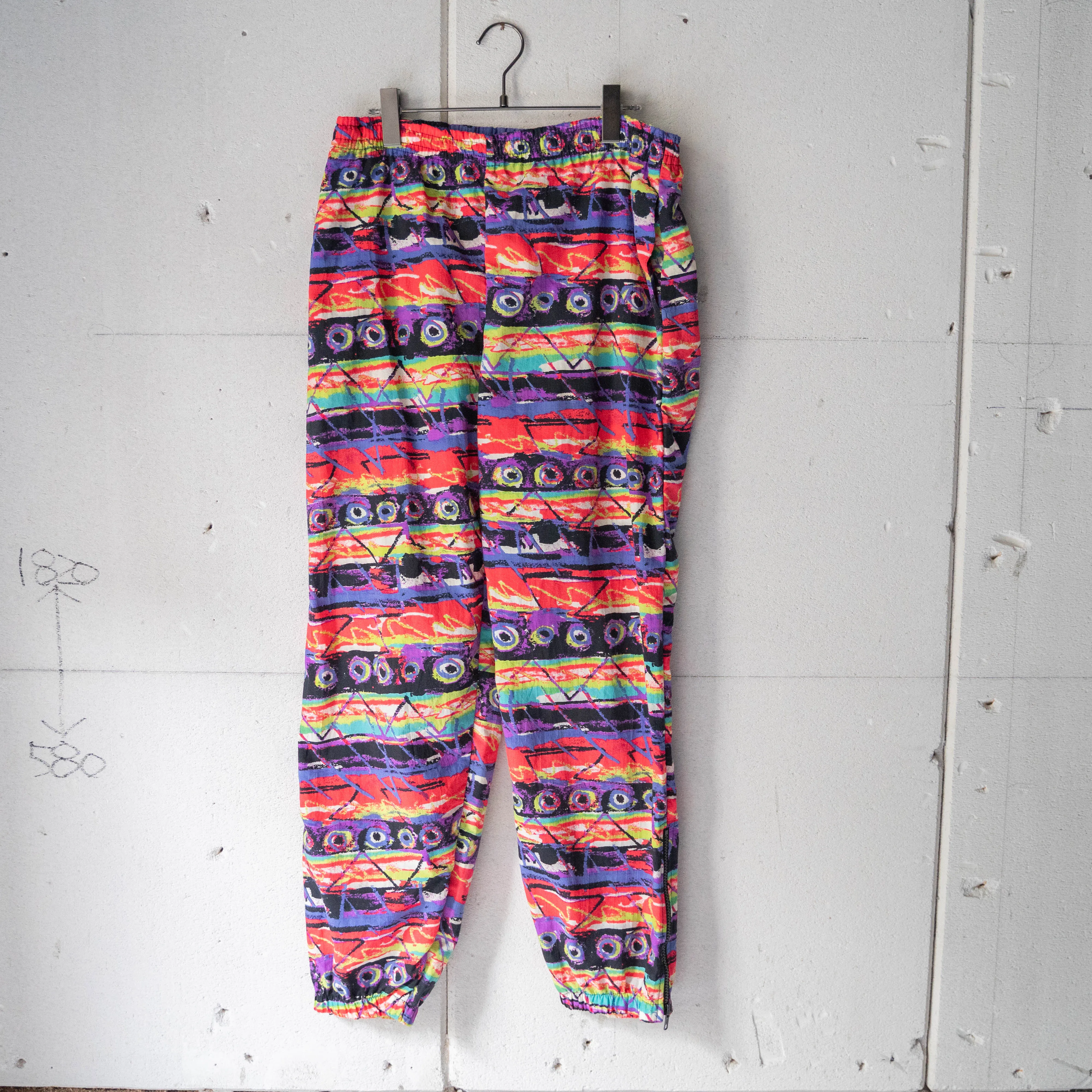 1990-00s multi color nylon design easy pants -with side zip-