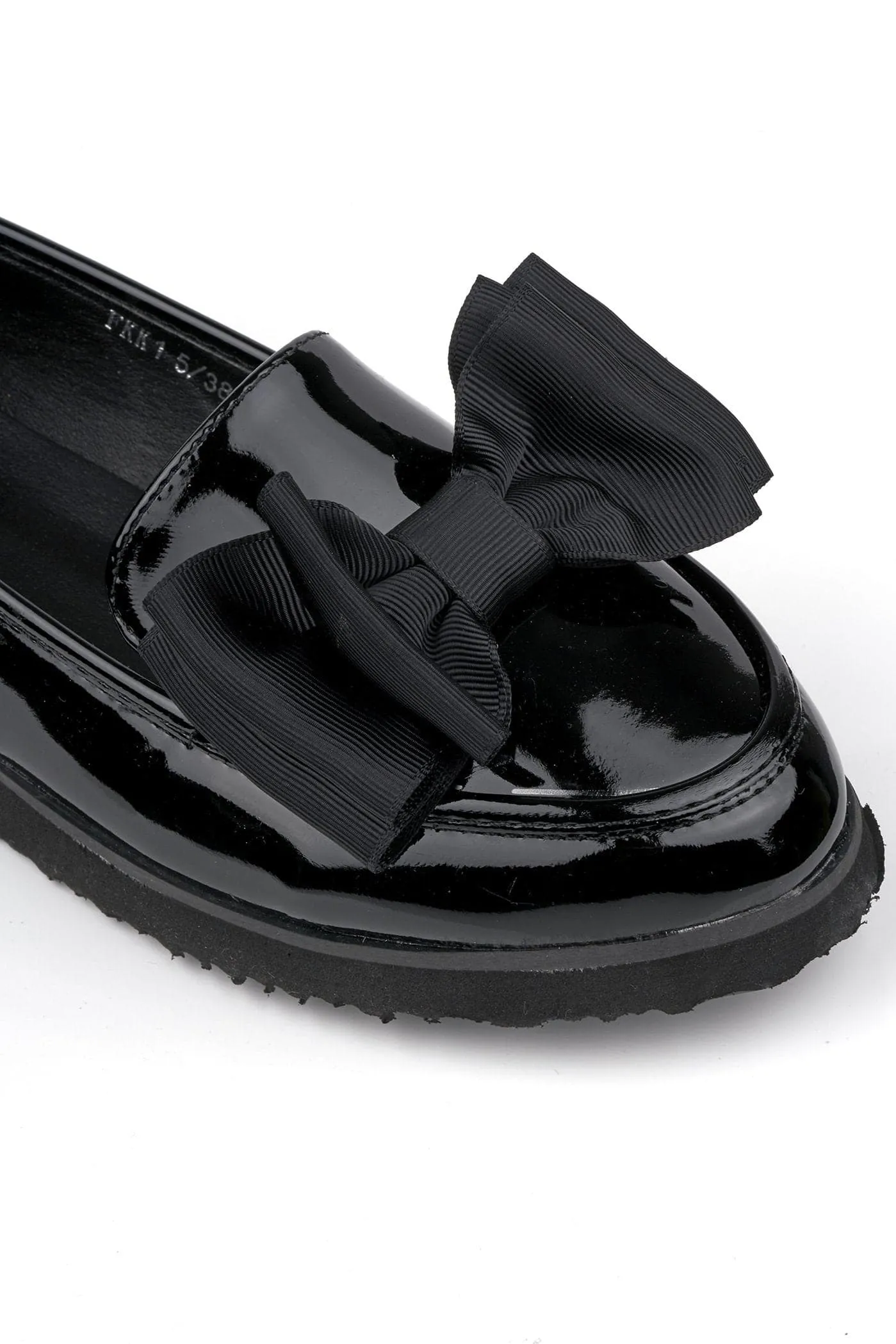 Ada Bow Detail Cleated Flatform Sole Loafers in Black Patent