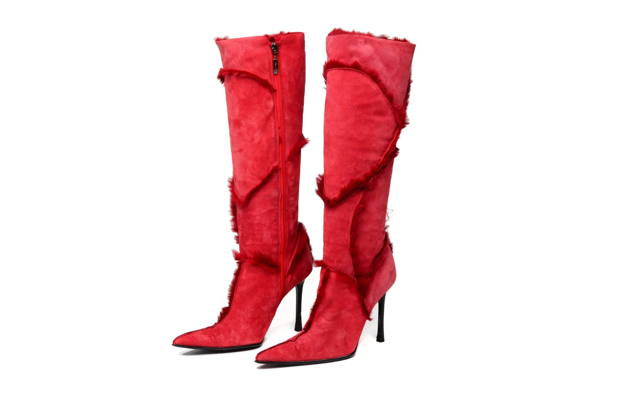 Cesare Paciotti - Red Suede Knee High Boots with Fur Trim  - IT 38