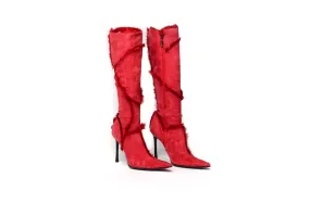 Cesare Paciotti - Red Suede Knee High Boots with Fur Trim  - IT 38