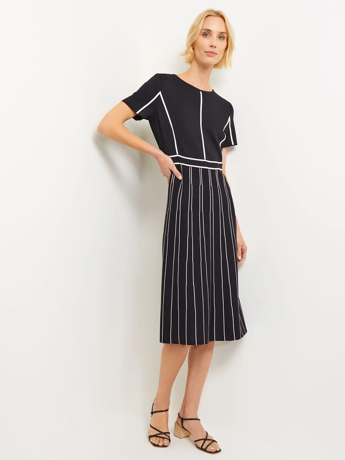 Contrast Stripe A-Line Soft Knit Dress, Black & White