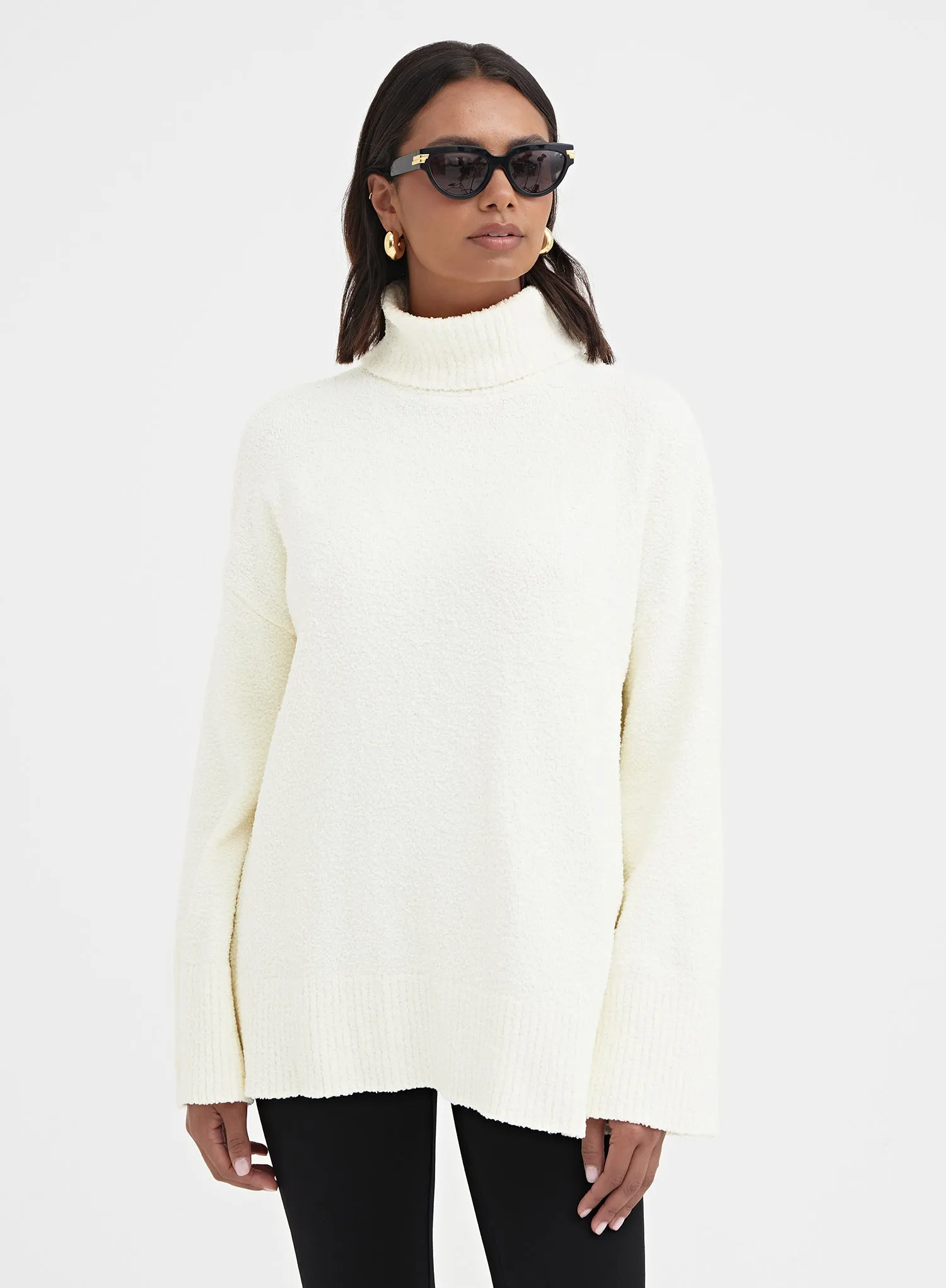 Cream Roll Neck Boucle Knit Jumper - Amal