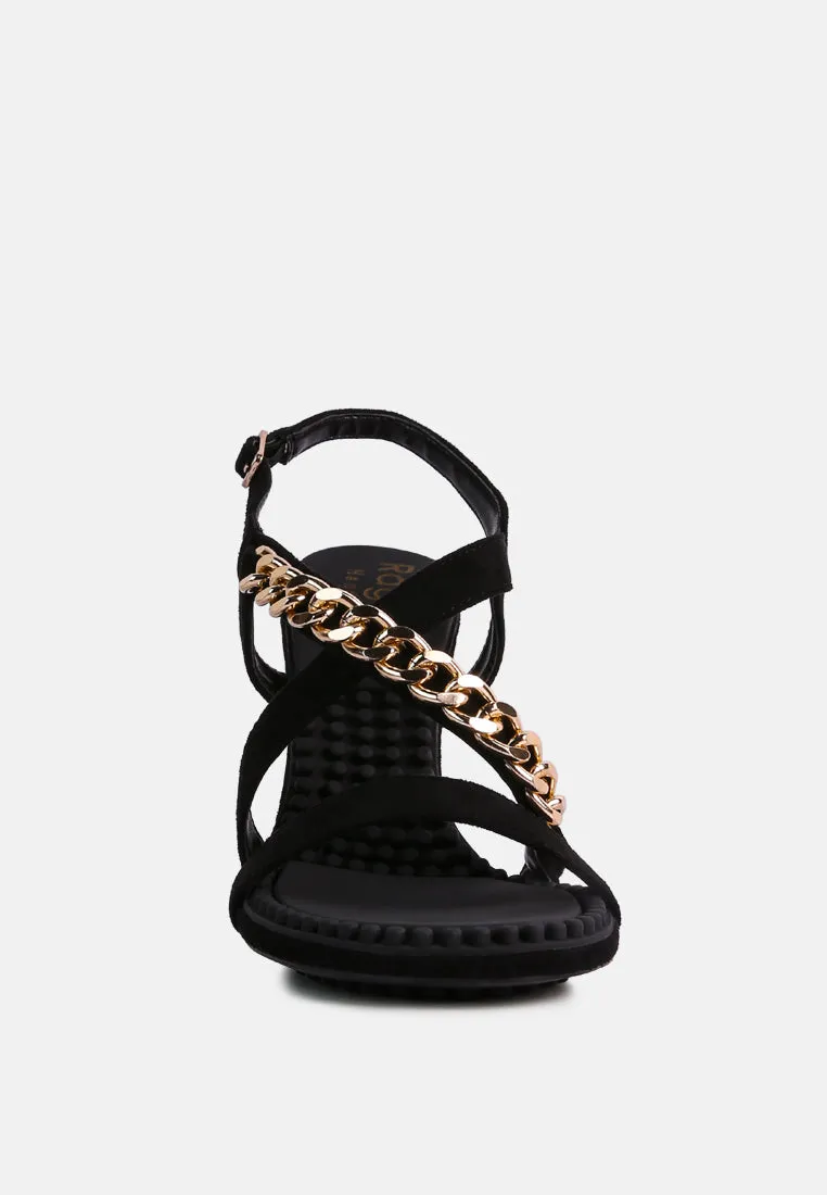 DOMEDA Black Metal Chain Embellished Sandals