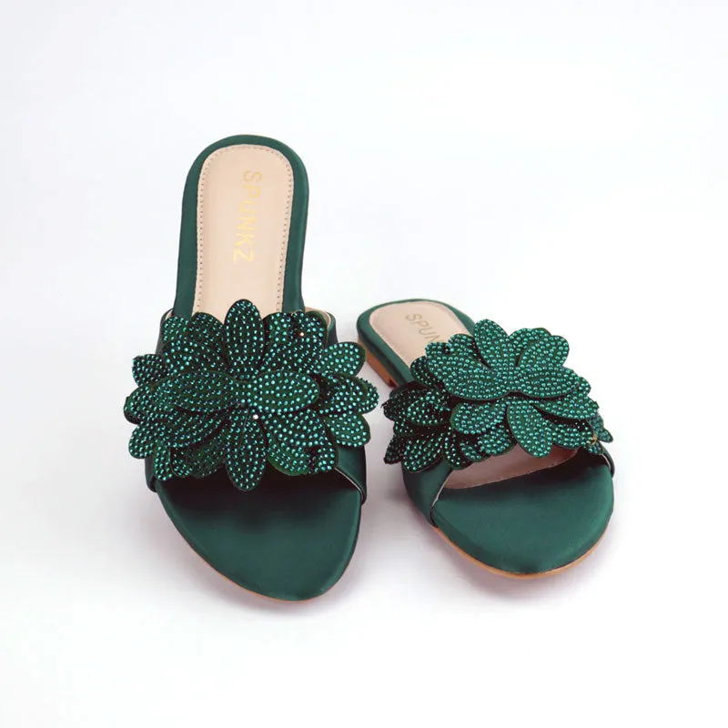 Flower Petal Rhinestone Decor Formal Flat Slippers