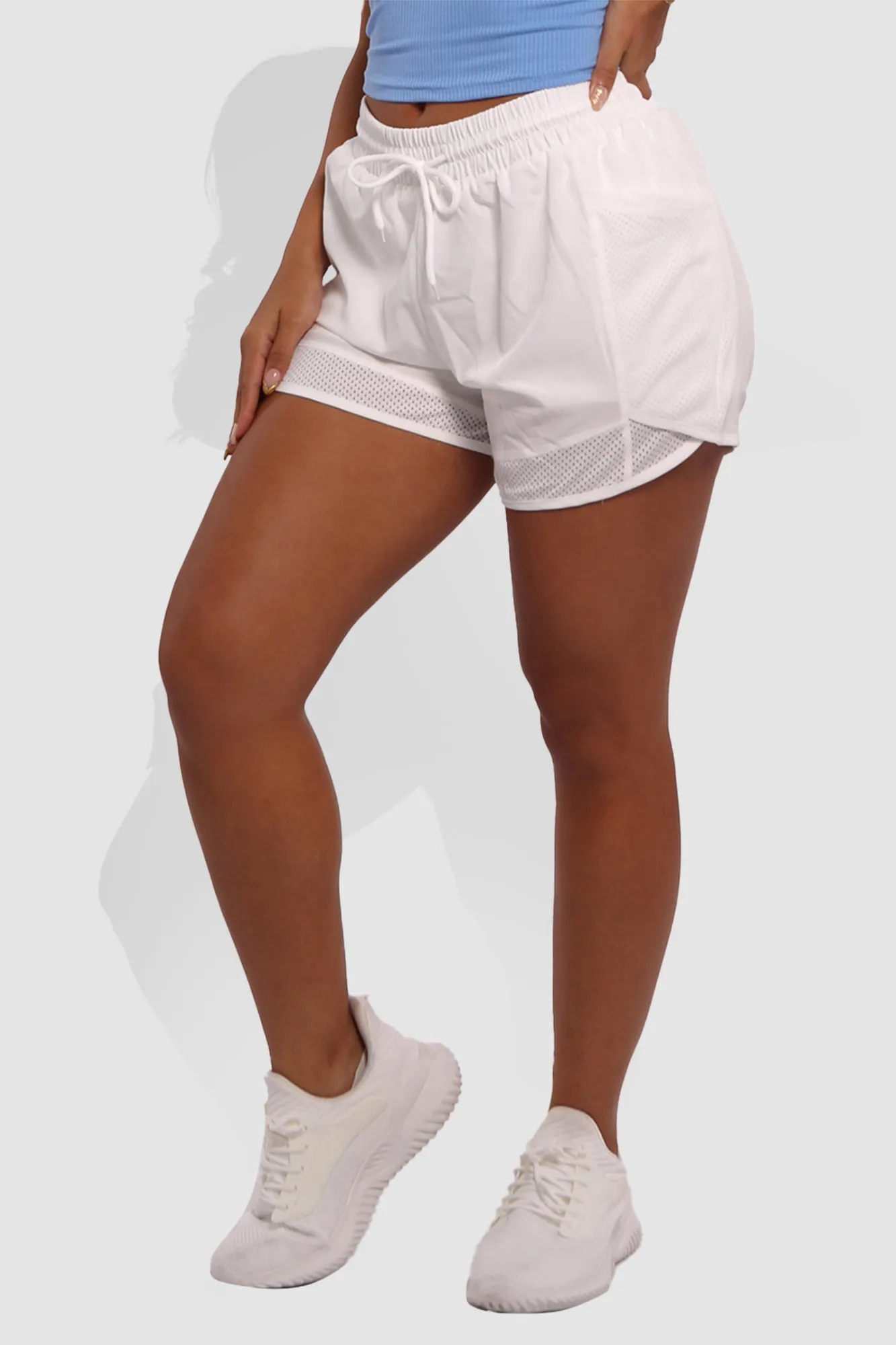 High Waist Woven Mesh Side Split Hot Running Shorts - White