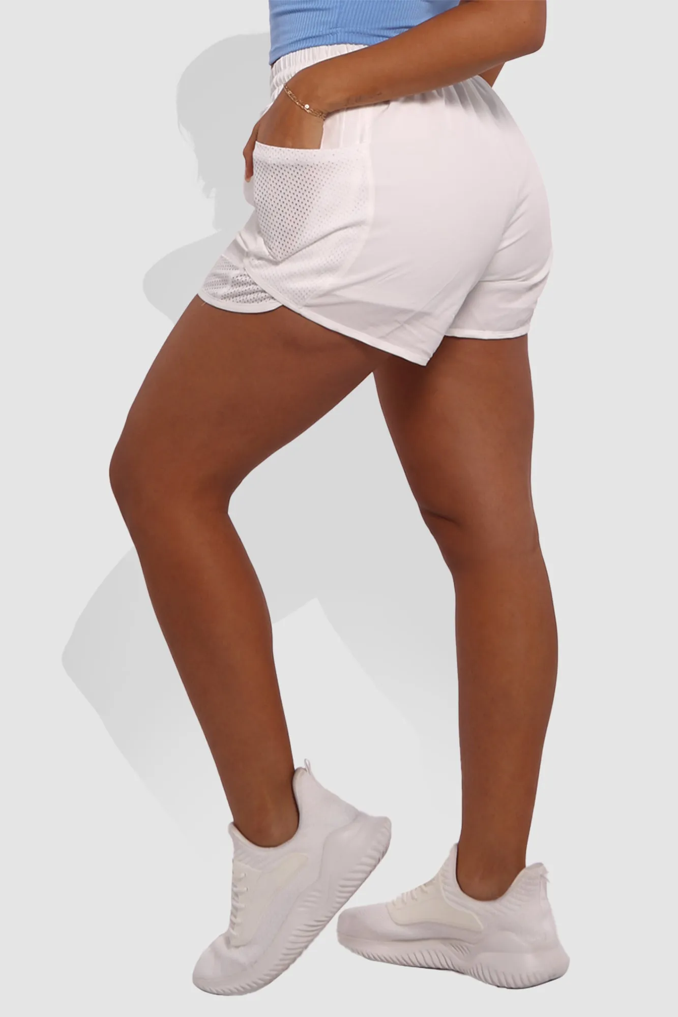 High Waist Woven Mesh Side Split Hot Running Shorts - White