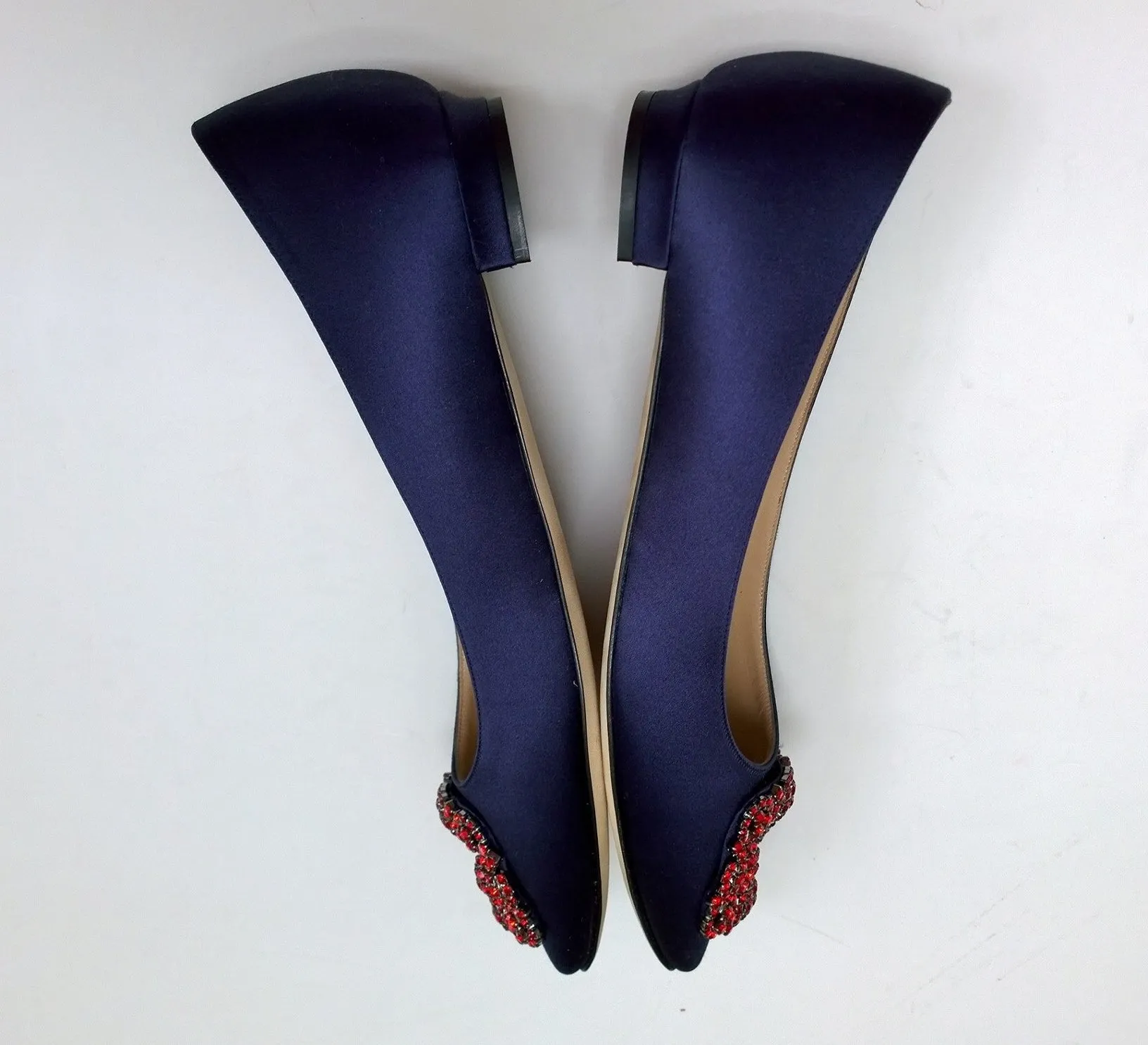 Manolo Blahnik Hangisi Flats in Navy Blue Satin with Red Rhinestone Buckle Strass Shoes