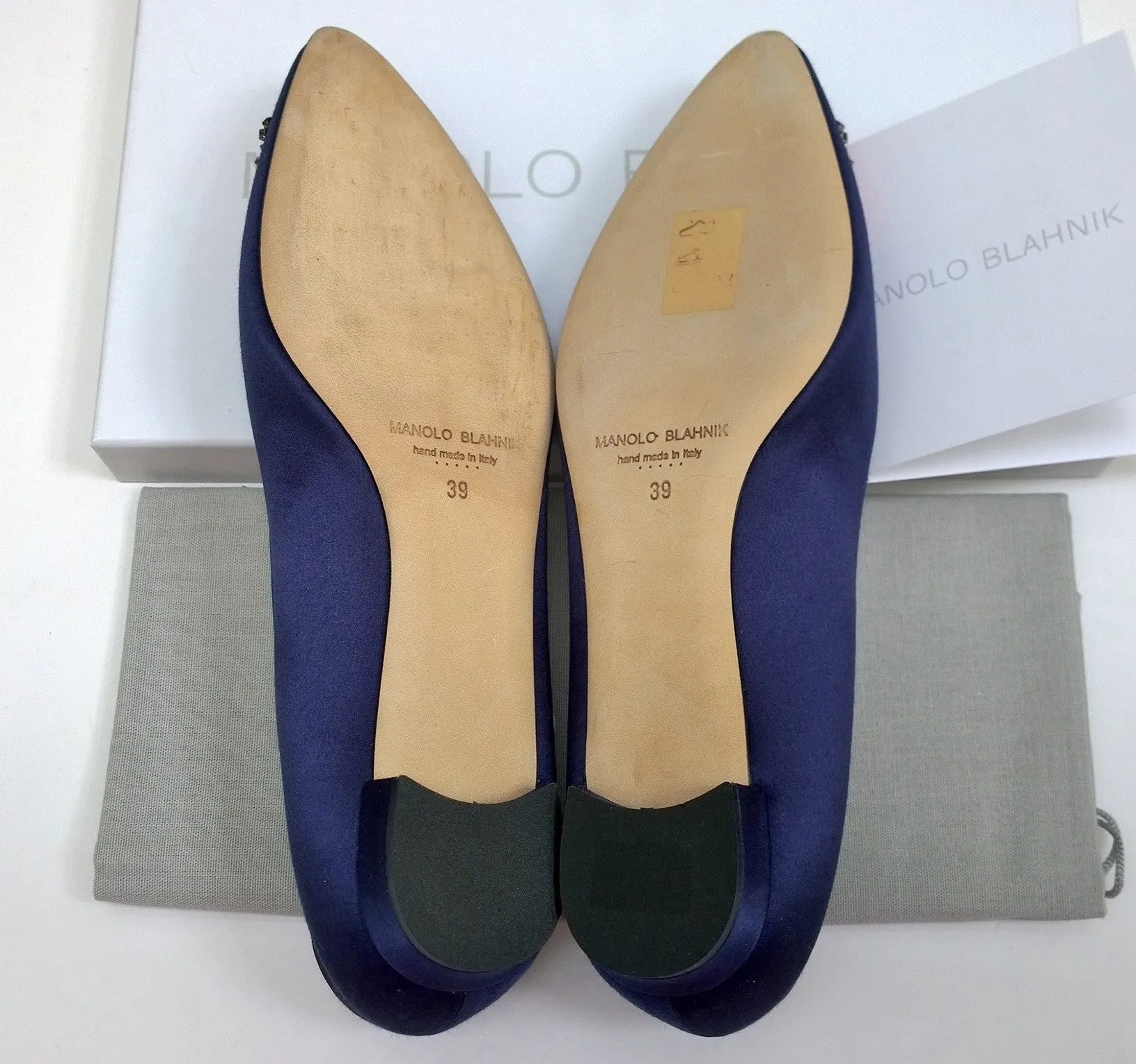 Manolo Blahnik Hangisi Flats in Navy Blue Satin with Red Rhinestone Buckle Strass Shoes