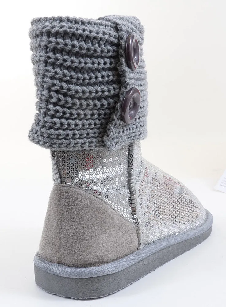 Sequin Crochet Slouchy Knit Sweater Button Flat Boot Silver