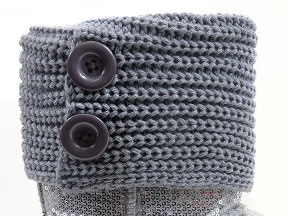 Sequin Crochet Slouchy Knit Sweater Button Flat Boot Silver