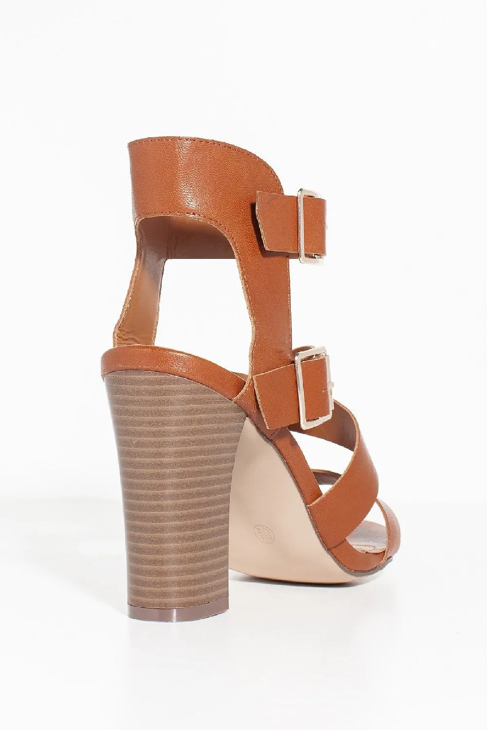 Strappy Chunky Heel Double Buckle Open Toe Sandal Tan