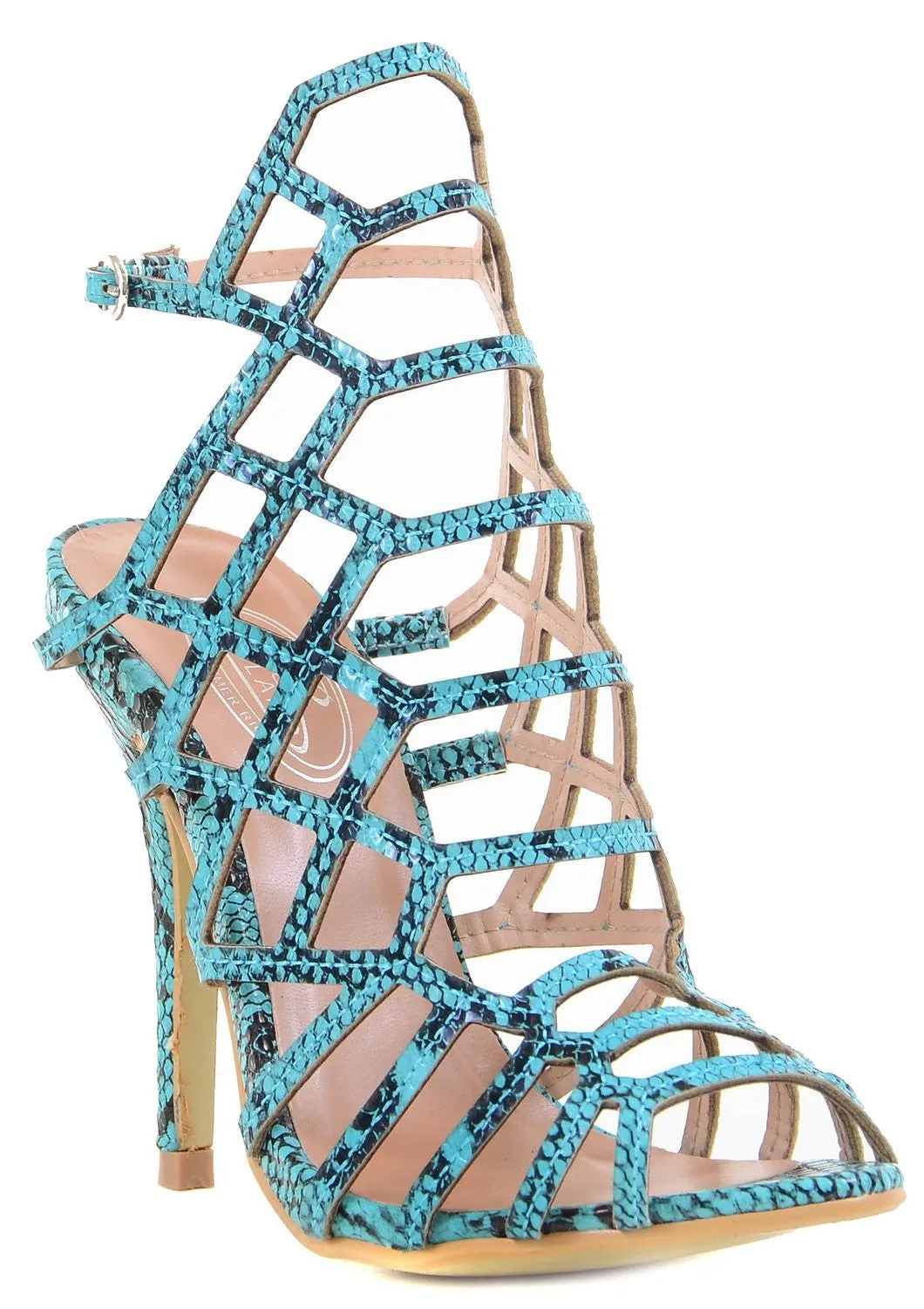 Turquoise Caged Gladiator Vegan Leather Women Heels Sandals